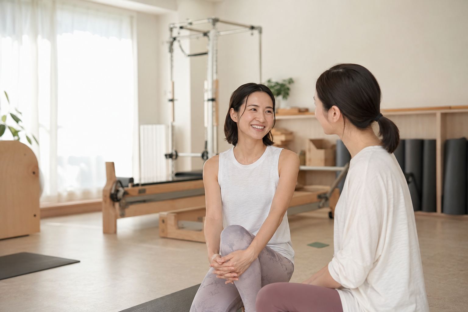 自然光のピラティススタジオで会話する女性インストラクターと利用者